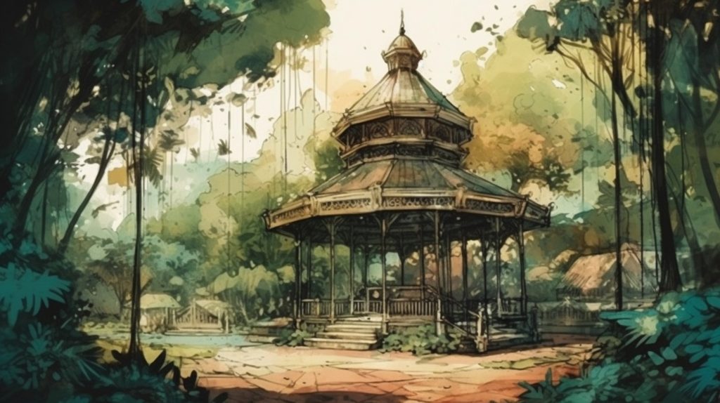 An overgrown gazebo standing in a clearing in the woods. Drawn in watercolor.