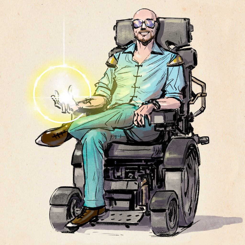 Michael the DM as a colored sketch, sitting in an electric wheelchair with a flame of courage burning in his hand.