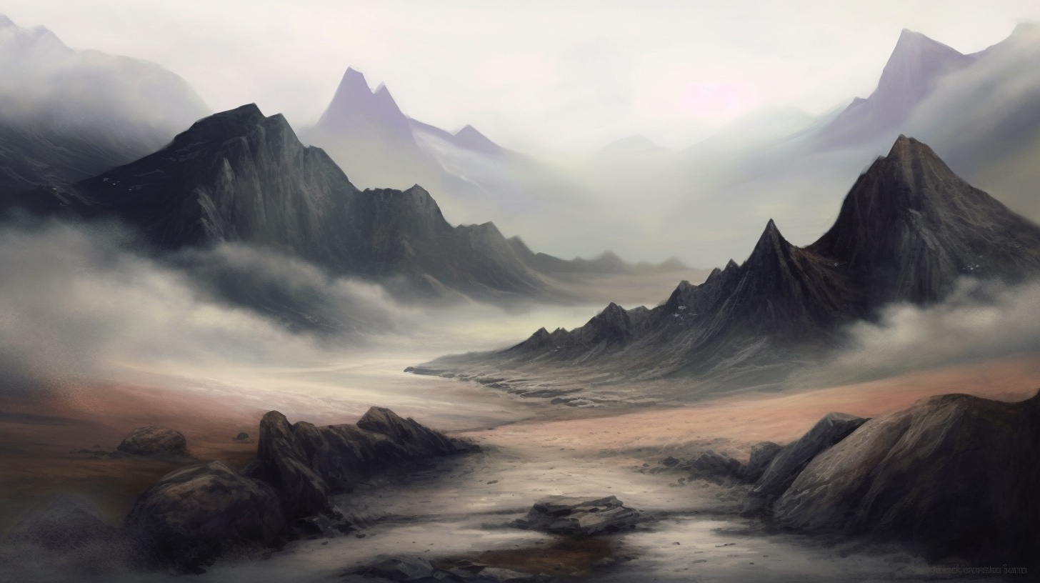A painting of mountain tops and heavy fog