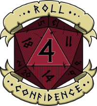 A logo with a red 20-sided die in the center, showing the number four. Over it is a paper scroll with the word Roll on it, and below a similar scroll with the word Confidence on it.