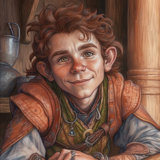 A colored pencil sketch of a young Halfling Artificer, looking into the camera with a peaceful glance.