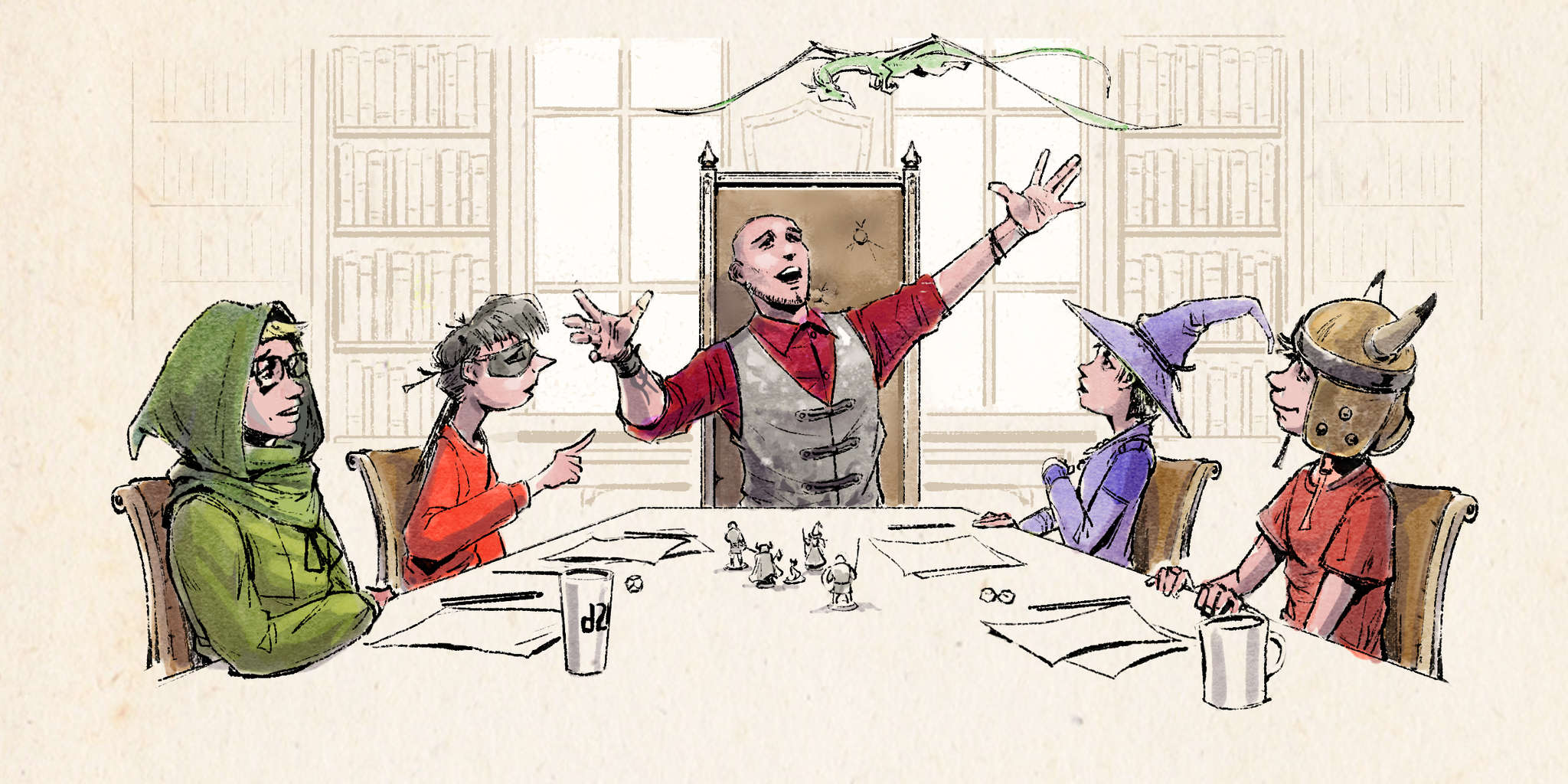 A colored sketch of four players in costume sitting around a table playing a role playing game. At the head of the table, the Game Master gesticulates. The background is made up of shelves full of books and figurines.